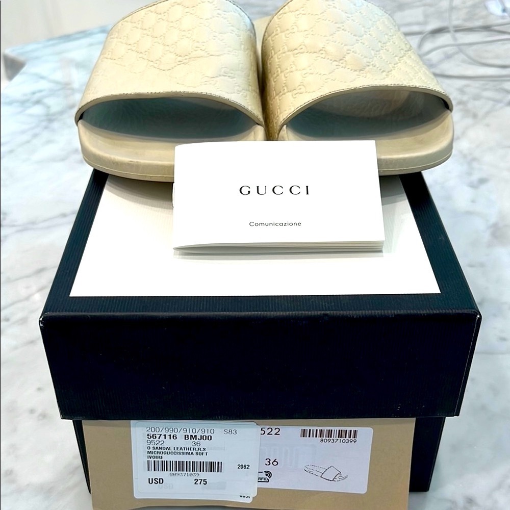 Gucci Cream Embossed Slide Sandals